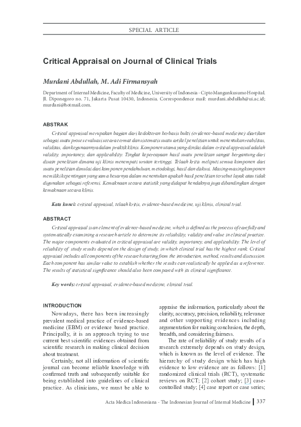 (PDF) Critical appraisal on journal of clinical trials