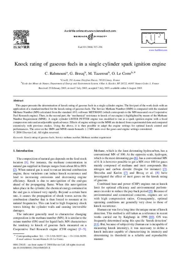 (PDF) Knock rating of gaseous fuels in a single cylinder spark ignition ...