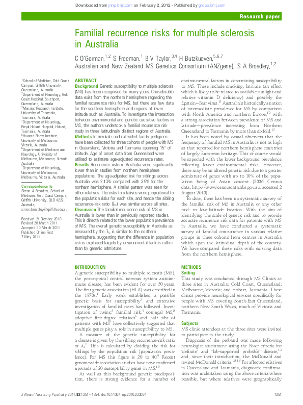 (PDF) Familial recurrence risks for multiple sclerosis in Australia
