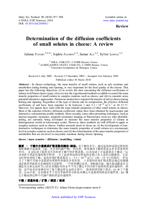 Pdf Determination Of The Diffusion Coefficients Of Small Solutes In Cheese A Review Samar Aly Academia Edu