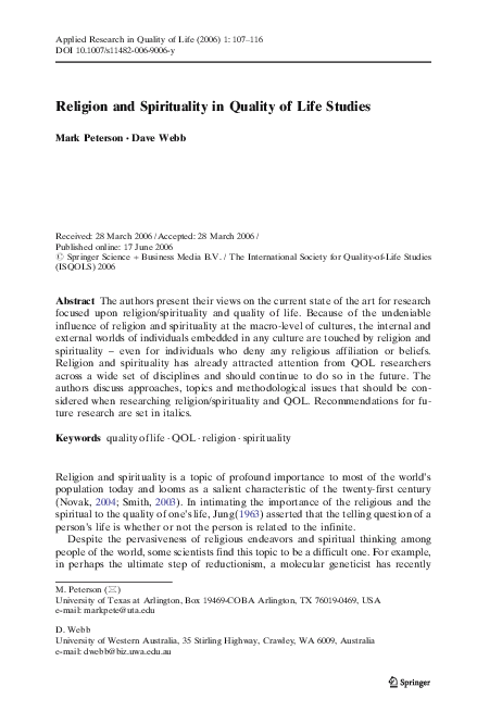 (PDF) Religion and Spirituality in Quality of Life Studies