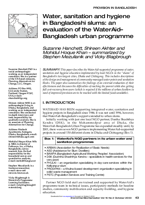 (PDF) Water, sanitation and hygiene in Bangladeshi slums: an evaluation ...