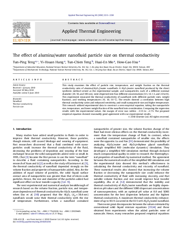 (PDF) The effect of alumina/water nanofluid particle size on thermal ...