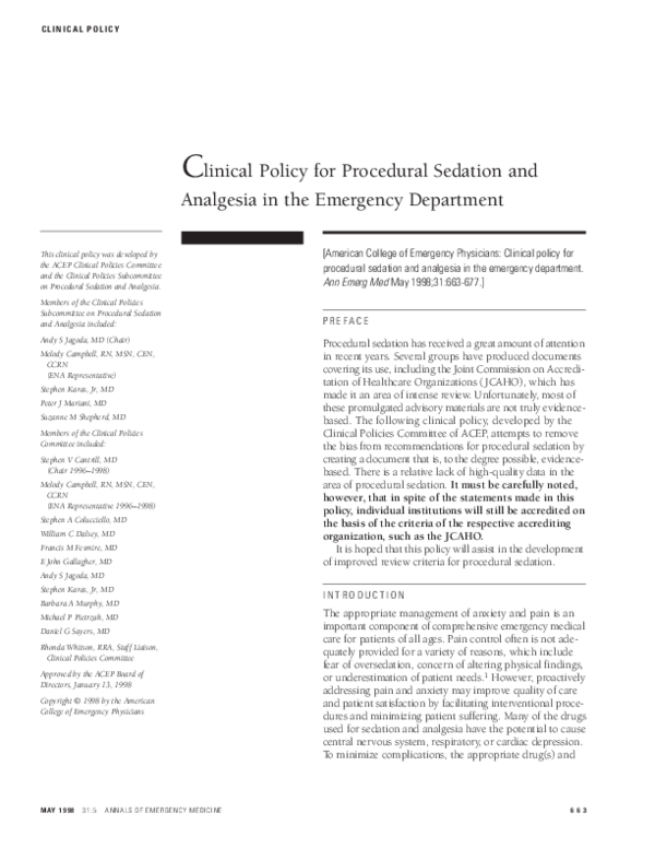 (PDF) Clinical Policy for Procedural Sedation and Analgesia in the ...