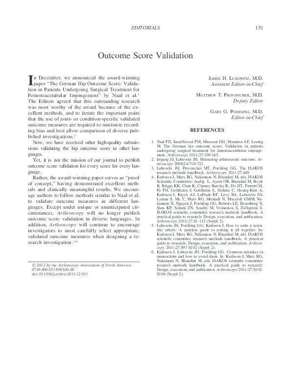 (PDF) Outcome Score Validation | Gary Poehling - Academia.edu