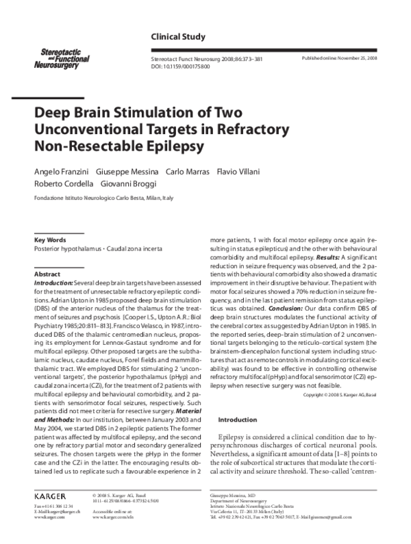 (PDF) Deep Brain Stimulation of Two Unconventional Targets in ...