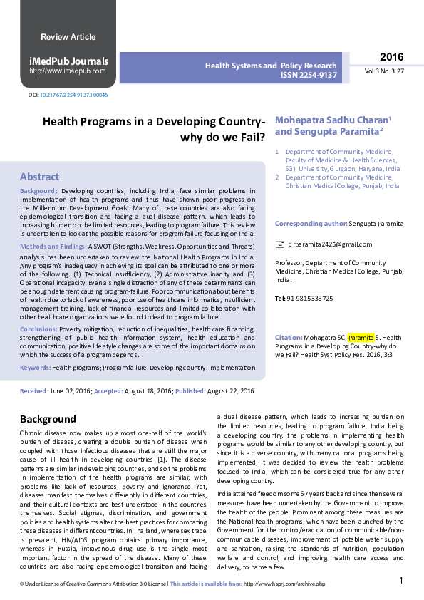 (PDF) Health Programs in a Developing Country- why do we Fail