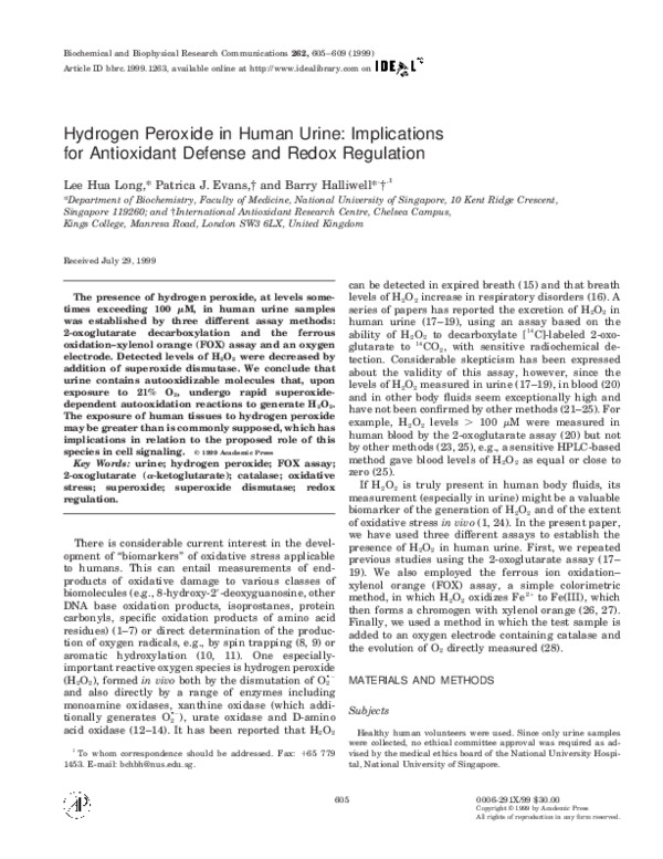 (PDF) Hydrogen Peroxide in Human Urine Implications for Antioxidant