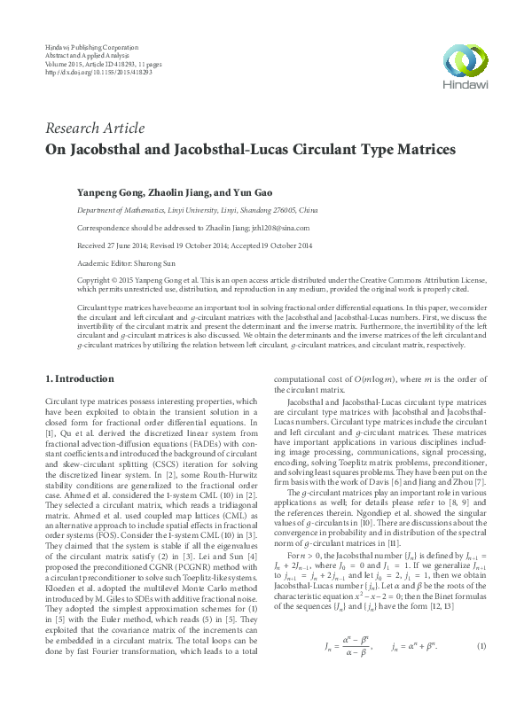 (PDF) On Jacobsthal and Jacobsthal-Lucas Circulant Type Matrices