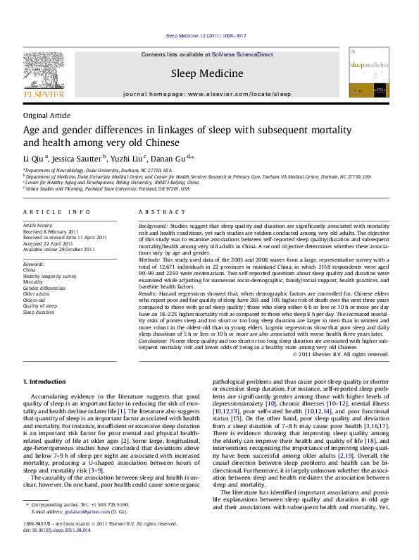 (PDF) Age and gender differences in linkages of sleep with subsequent ...
