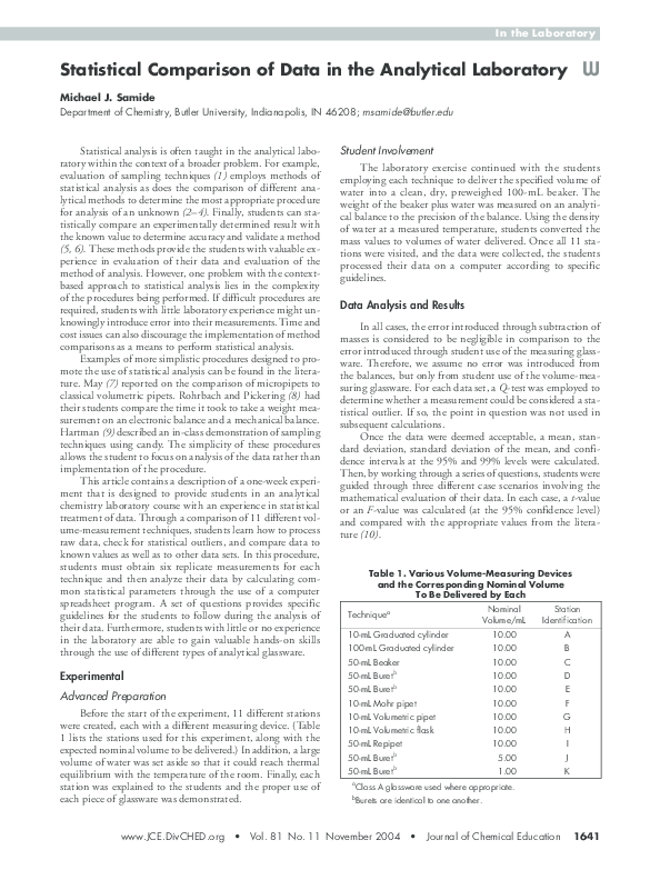 (PDF) Statistical Comparison of Data in the Analytical Laboratory