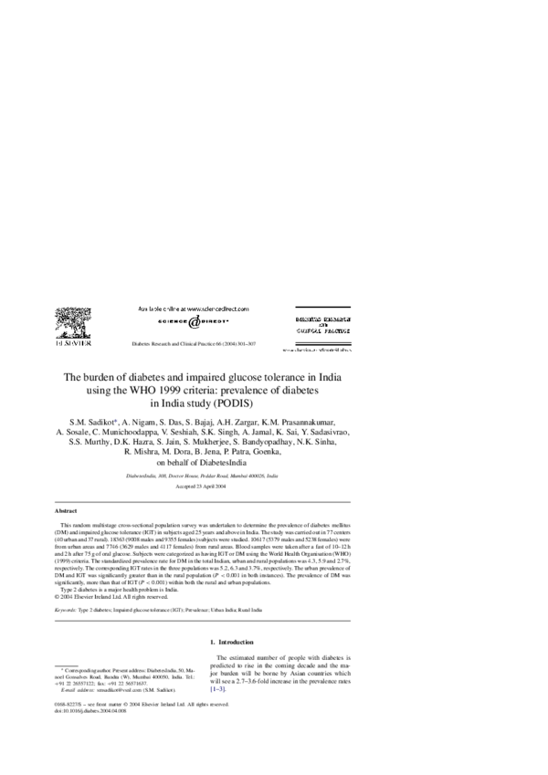 (PDF) The burden of diabetes and impaired glucose tolerance in India ...