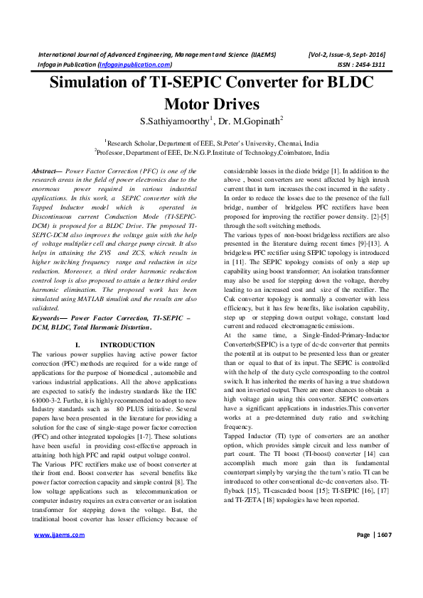 (PDF) Simulation of TISEPIC Converter for BLDC Motor Drives Ijaems