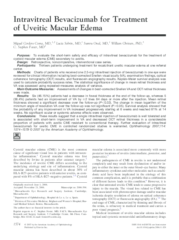 (PDF) Intravitreal Bevacizumab for Treatment of Uveitic Macular Edema
