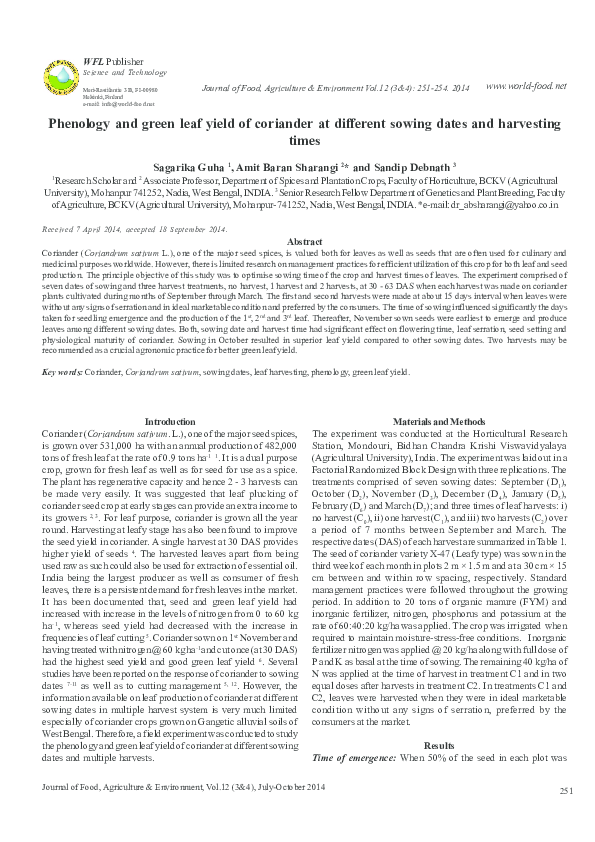 (PDF) Phenology and green leaf yield of coriander at different sowing