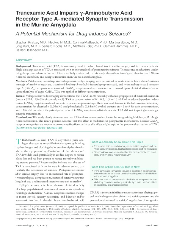 (PDF) Tranexamic Acid Impairs γ-Aminobutyric Acid Receptor Type A ...