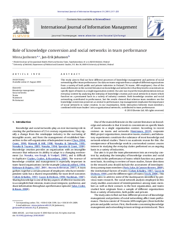 (PDF) Role of knowledge conversion and social networks in team performance