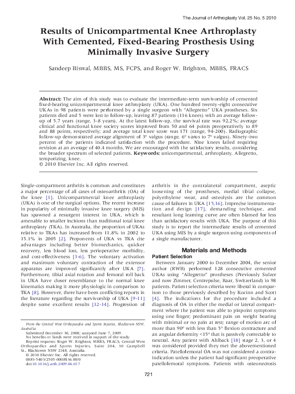 (PDF) Results of Unicompartmental Knee Arthroplasty With Cemented ...