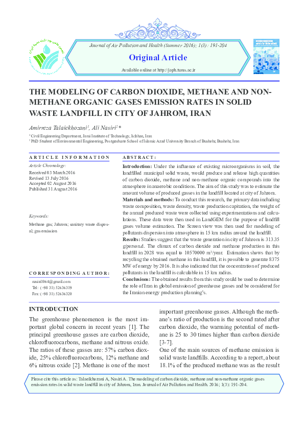 (PDF) The Modeling of Carbon Dioxide, Methane and Non-Methane Organic ...