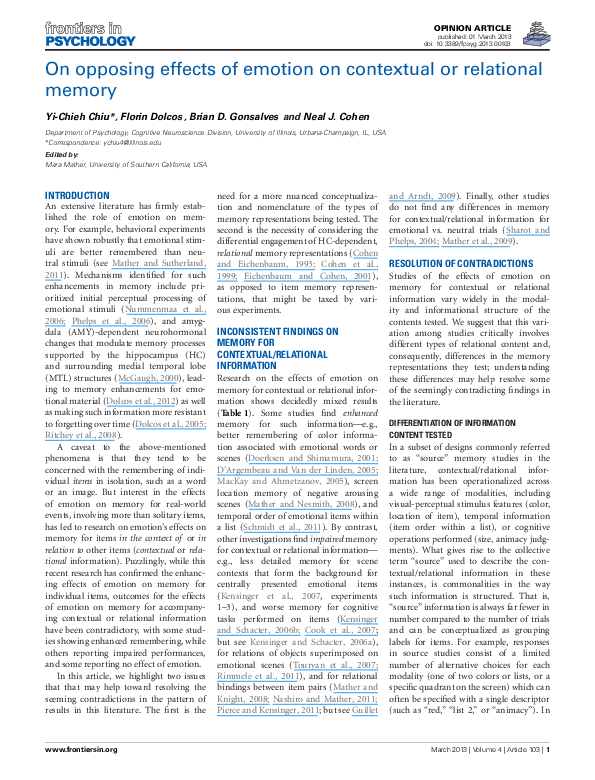 (PDF) On opposing effects of emotion on contextual or relational memory