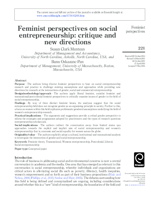 (PDF) Feminist perspectives on social entrepreneurship: critique and ...