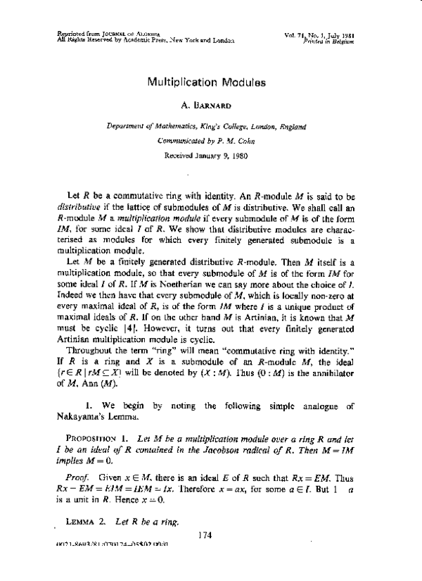 (PDF) Multiplication Modules