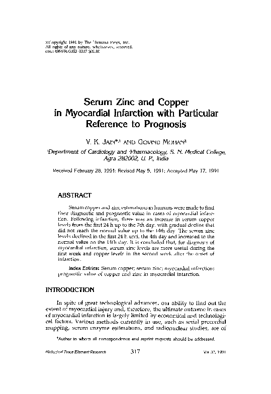 (PDF) Serum zinc and copper in myocardial infarction with particular ...