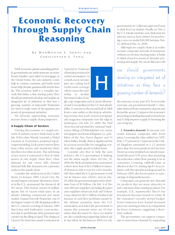 (PDF) Economic Recovery Through Supply Chain Reasoning ManMohan S