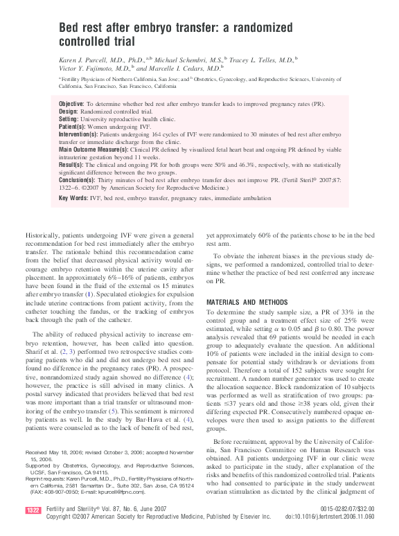 (PDF) Bed rest after embryo transfer a randomized controlled trial