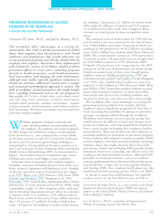 (PDF) Prevention interventions of alcohol problems in the workplace: a ...