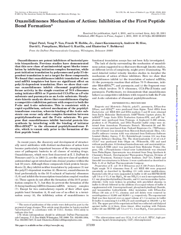 (PDF) Oxazolidinones Mechanism of Action: Inhibition of the First ...