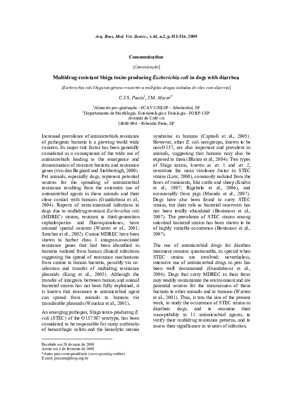 (PDF) Multidrugresistant Shiga toxinproducing Escherichia coli in dogs with diarrhea cleber