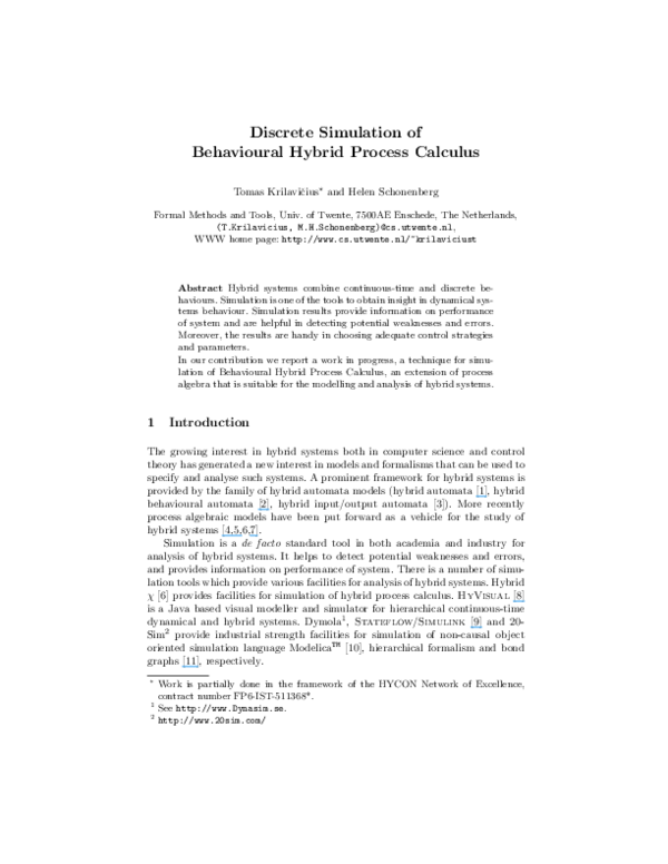 (PDF) Discrete simulation of behavioural hybrid process calculus