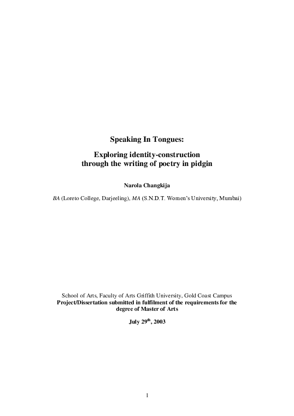 First page of “Speaking In Tongues: Exploring identity-construction through the writing of poetry in pidgin”