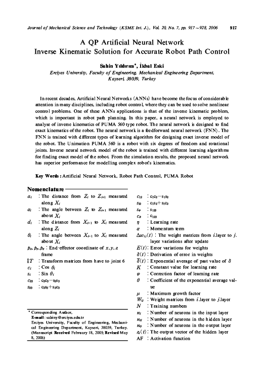 (PDF) A QP Artificial Neural Network inverse kinematic solution for ...