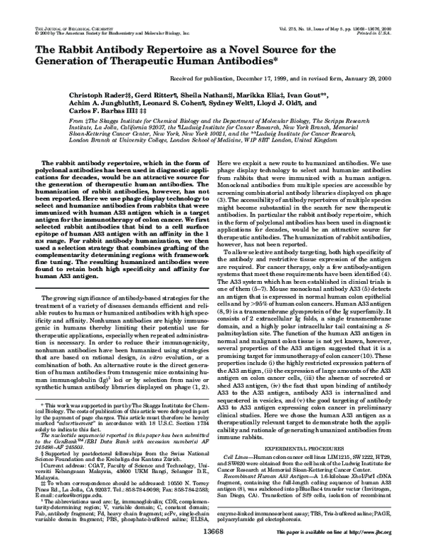 (PDF) The Rabbit Antibody Repertoire as a Novel Source for the ...