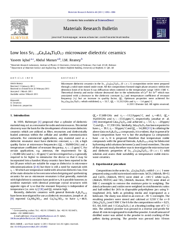 (PDF) Low loss Sr 1- x Ca x La 4Ti 5O 17 microwave dielectric ceramics