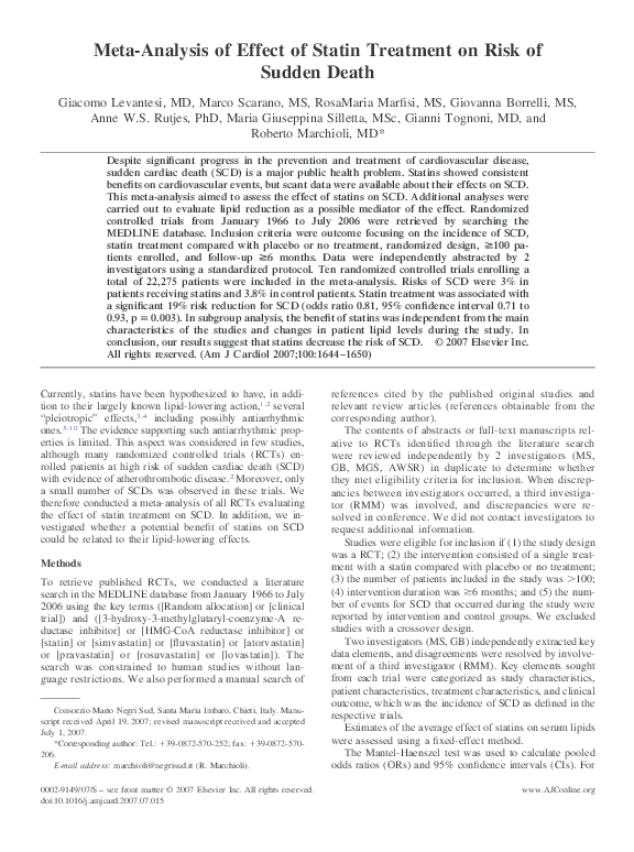 (PDF) Meta-Analysis of Effect of Statin Treatment on Risk of Sudden Death