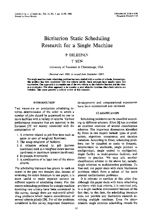  PDF Bicriterion Static Scheduling Research For A Single Machine 