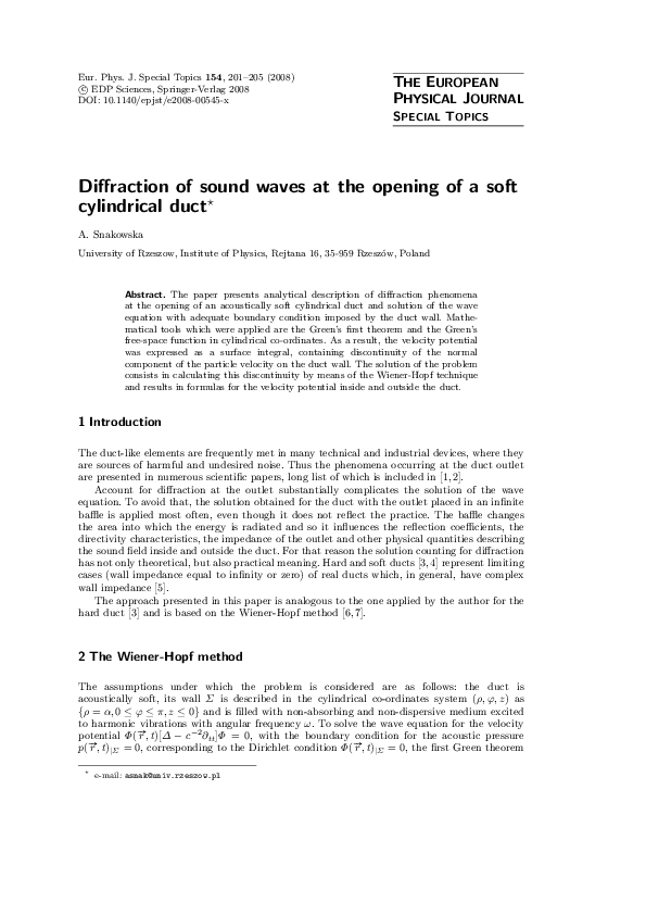 (PDF) Diffraction of sound waves at the opening of a soft cylindrical duct