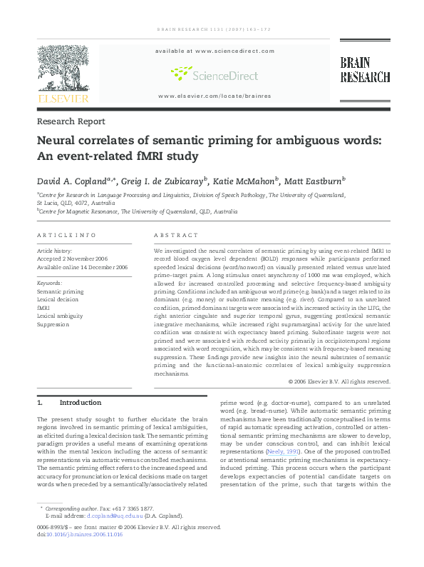 (PDF) Neural correlates of semantic priming for ambiguous words: An ...