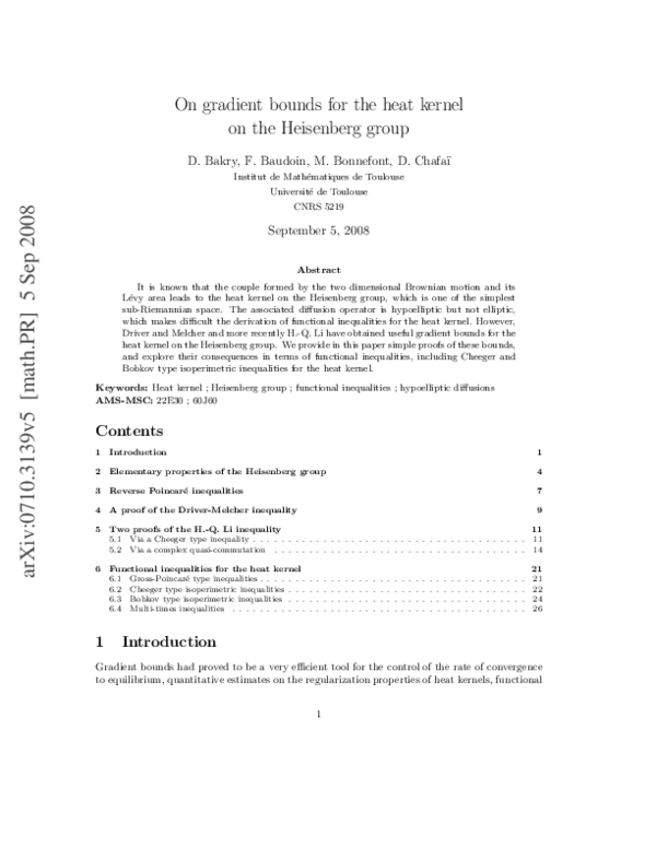 (PDF) On gradient bounds for the heat kernel on the Heisenberg group