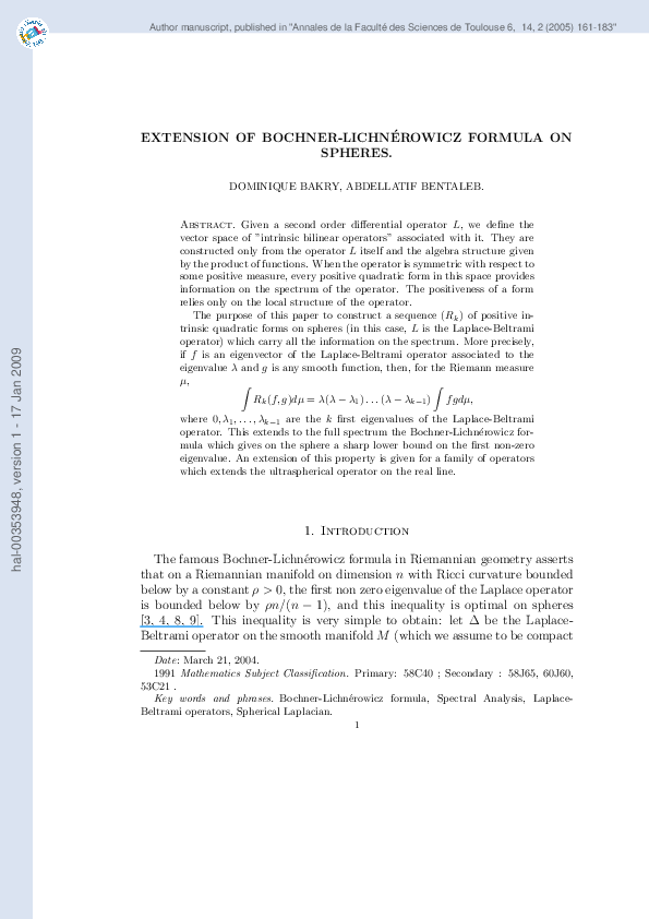 (PDF) Extension of Bochner-Lichnérowicz formula on spheres