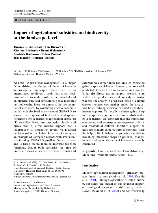 (PDF) Impact of agricultural subsidies on biodiversity at the landscape ...
