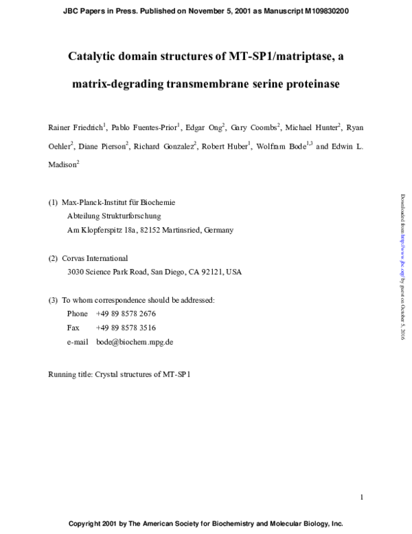 (PDF) Catalytic Domain Structures of MT-SP1/Matriptase, a Matrix ...