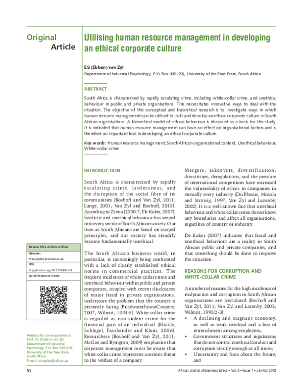 Pdf Utilising Human Resource Management In Developing An Ethical