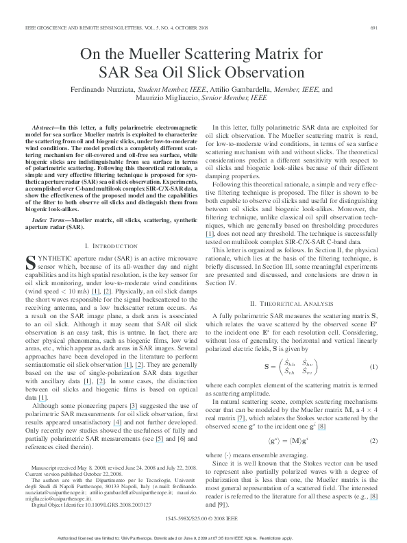 (PDF) On the Mueller Scattering Matrix for SAR Sea Oil Slick Observation