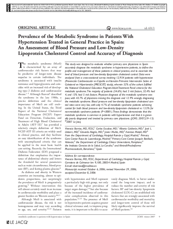 (PDF) Original Paper: Prevalence of the Metabolic Syndrome in Patients ...
