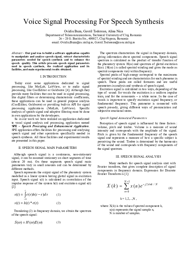 (PDF) Voice Signal Processing For Speech Synthesis Ovidiu Buza Academia.edu