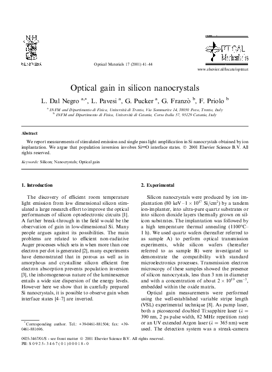(PDF) Optical gain in silicon nanocrystals francesco priolo
